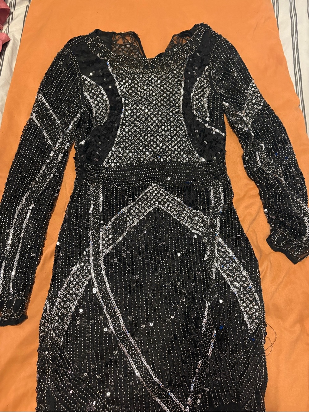 Black Long-Sleeve Beaded Evening Dress